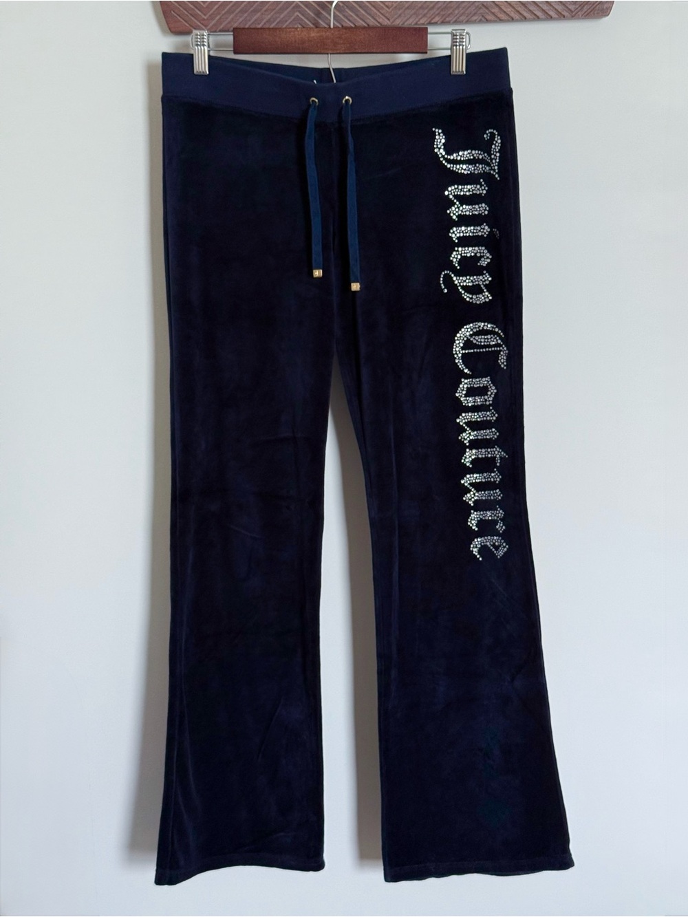 Juicy Couture Navy Blue Diamanté Rhinestone Velour Flare Wide Leg Pants Medium